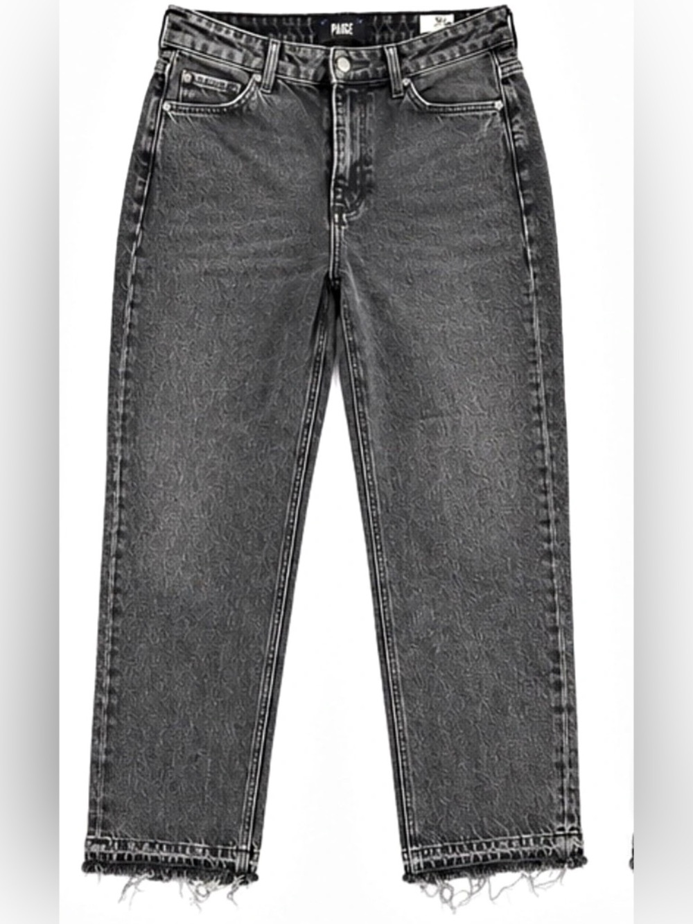 PAIGE Sarah Straight Ankle Jeans 30 High Rise Faded Black Raw Hem